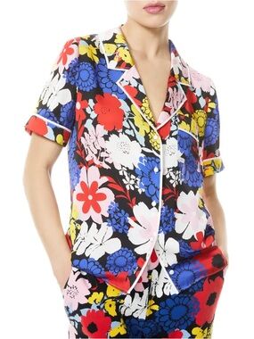 ALICE + OLIVIA Ramona Piped Button-Down Silky Top Blouse with Pocket iCarly